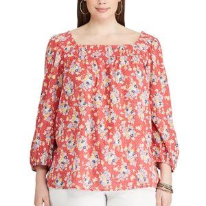 Chaps Red Floral Smocked Peasant Top